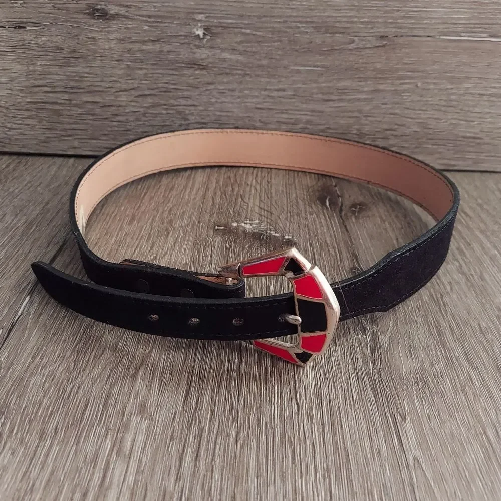 Black Suede Belt with Red, Black, and Silver-tone Geometric Buckle XS